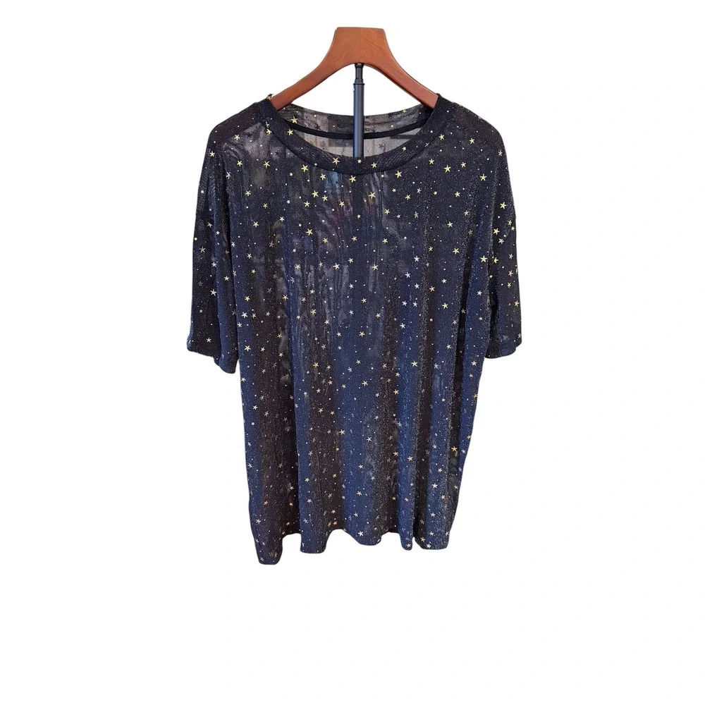 Whimsy Goth Black Sheer Mesh Gold Star Print T-Shirt XL Celestial Short Sleeve